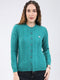 Women Sea Green Self Design Round Neck Full Sleeve Cardigan