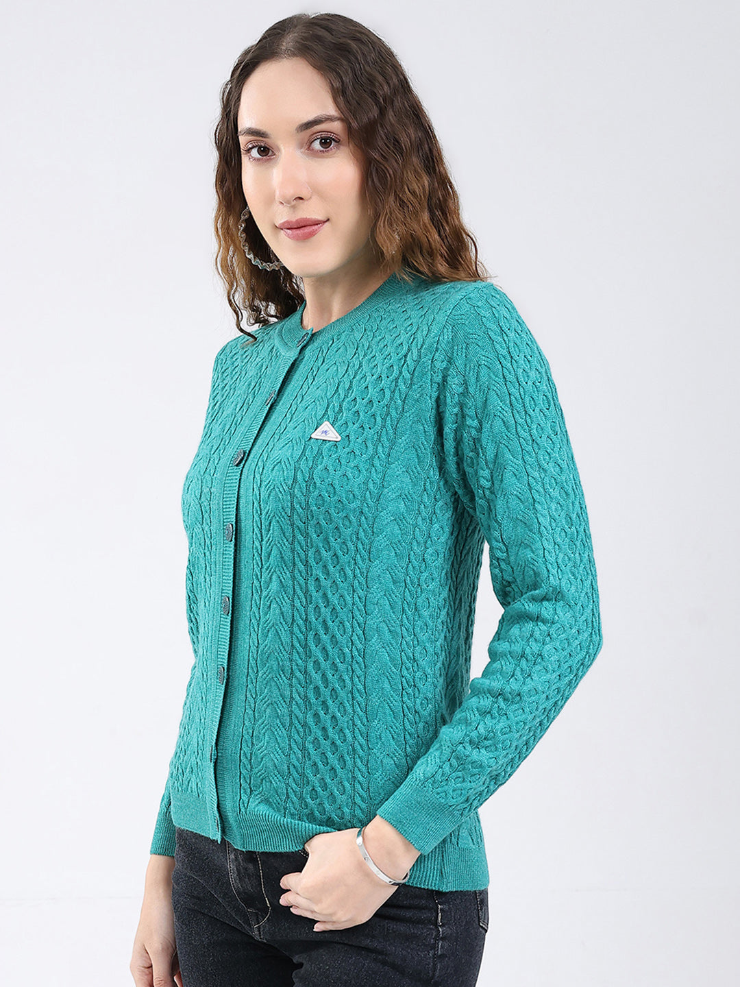 Women Sea Green Self Design Round Neck Full Sleeve Cardigan