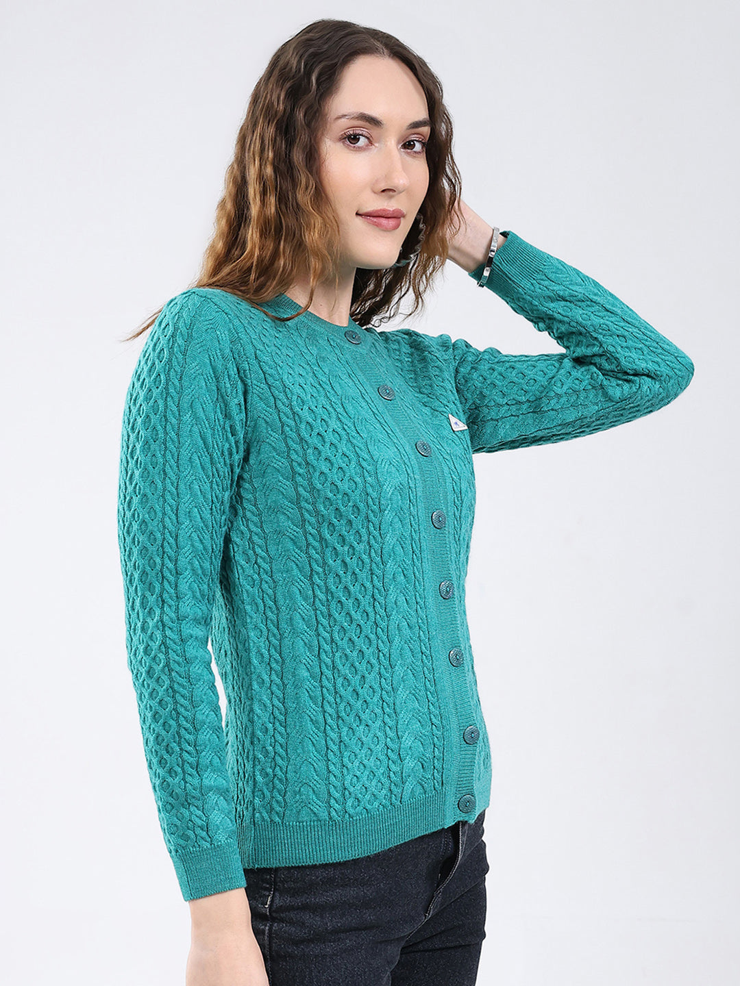 Women Sea Green Self Design Round Neck Full Sleeve Cardigan