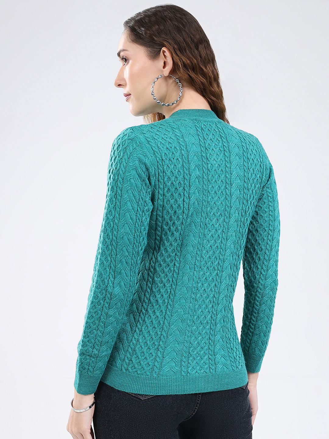 Women Sea Green Self Design Round Neck Full Sleeve Cardigan