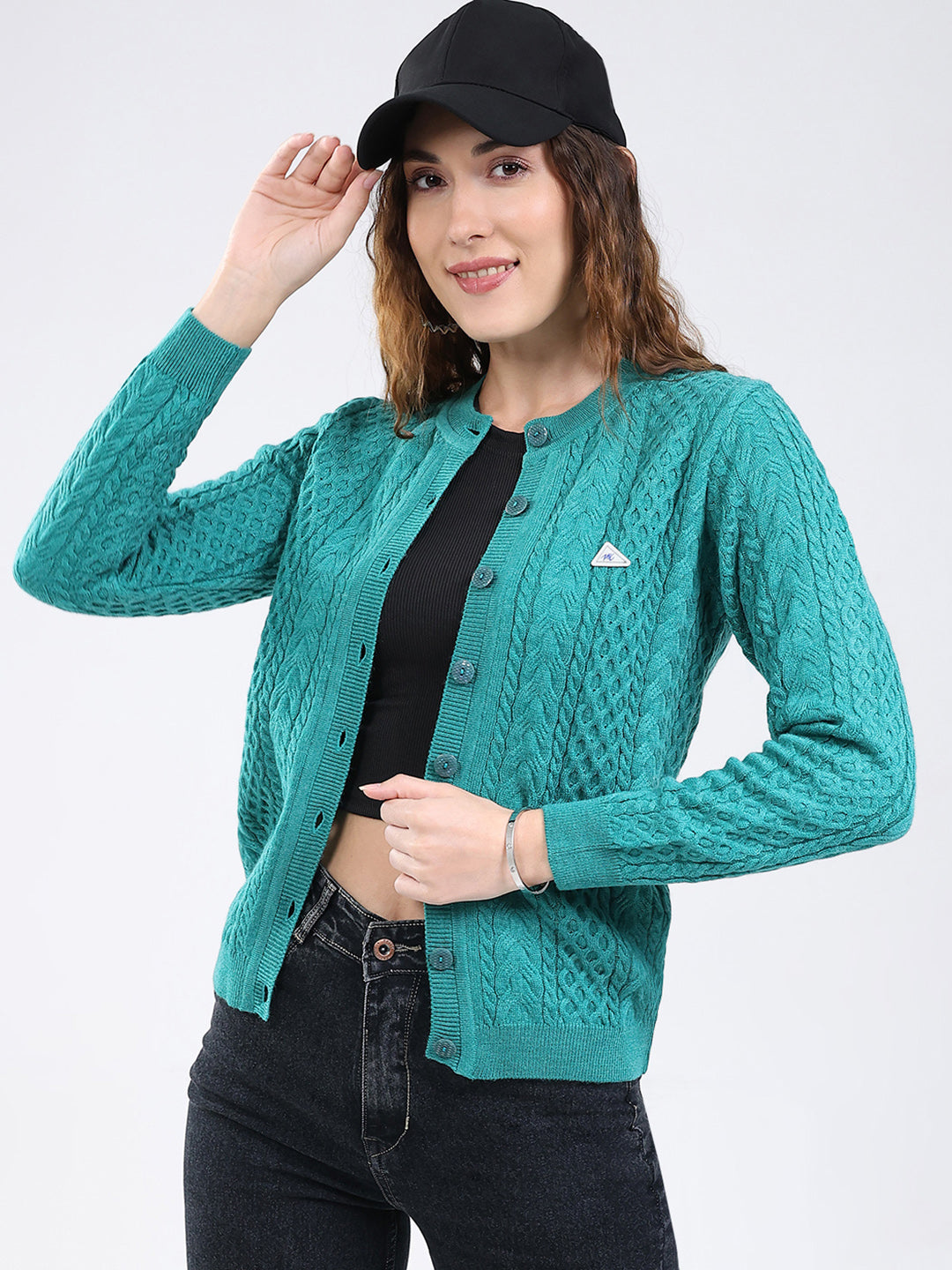Women Sea Green Self Design Round Neck Full Sleeve Cardigan