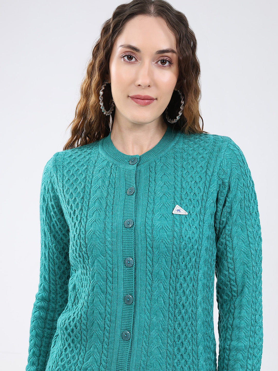 Women Sea Green Self Design Round Neck Full Sleeve Cardigan