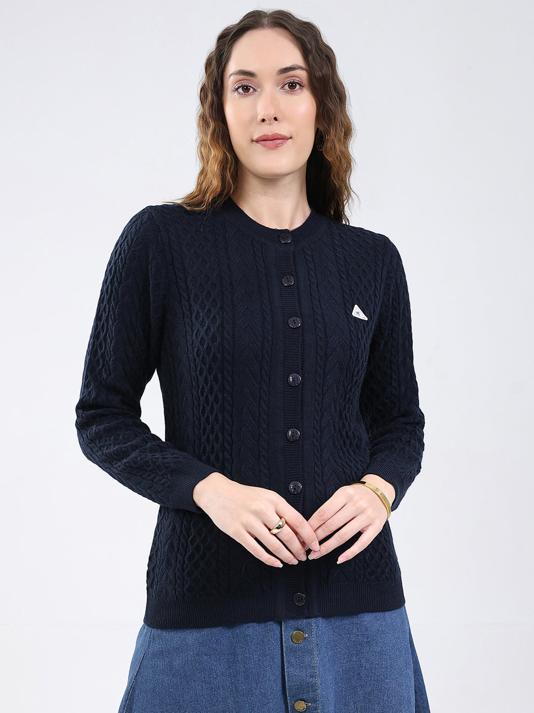 Women Navy Blue Self Design Round Neck Full Sleeve Cardigan
