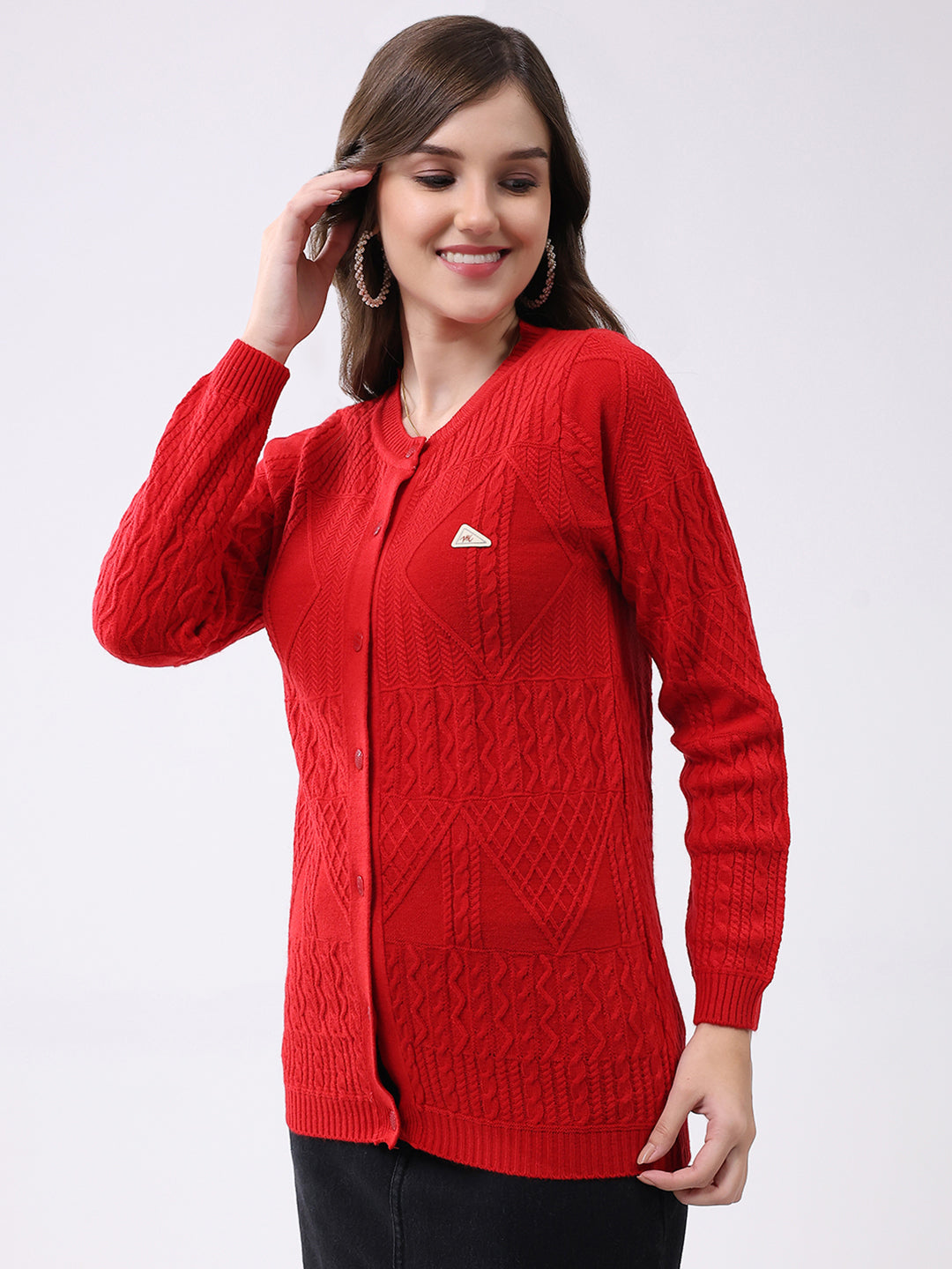 Women Red Self Design Round Neck Full Sleeve Cardigan