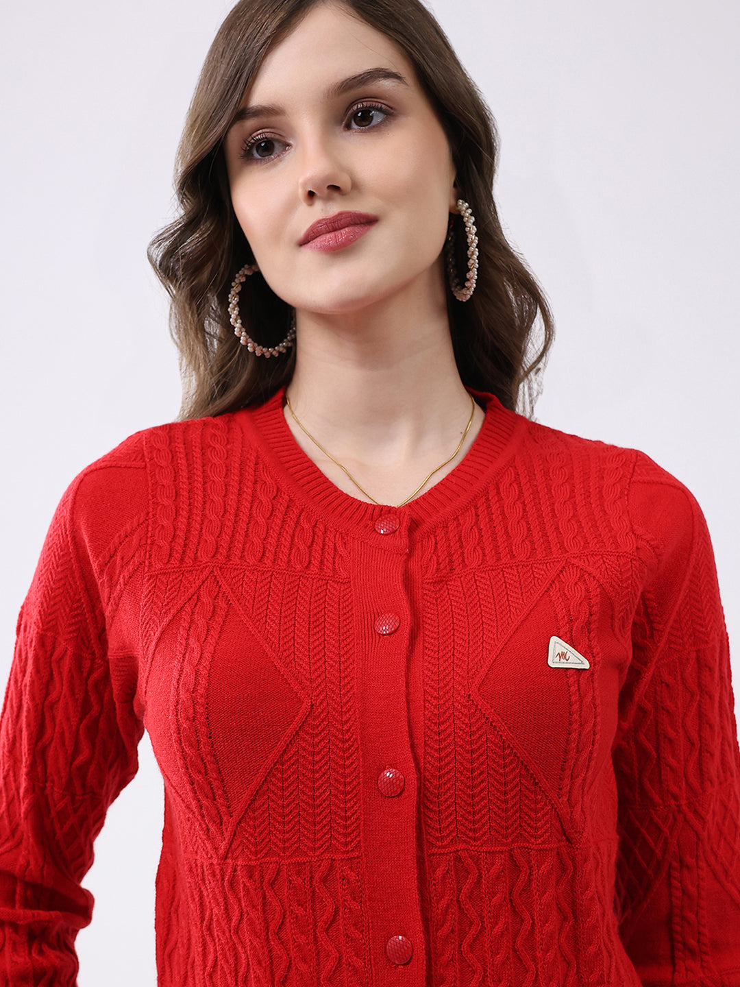 Women Red Self Design Round Neck Full Sleeve Cardigan