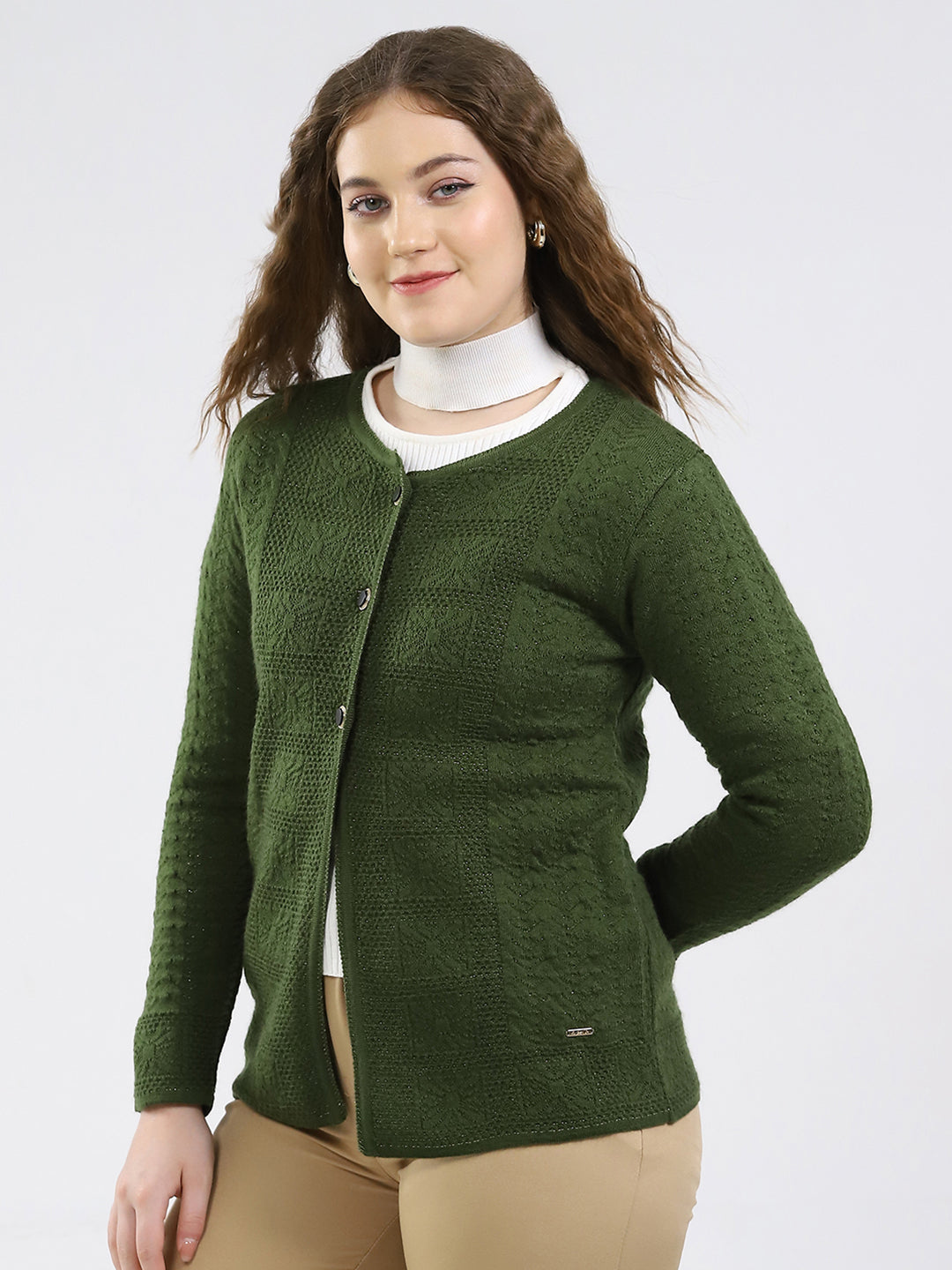 Women Green Self Design Round Neck Full Sleeve Cardigan