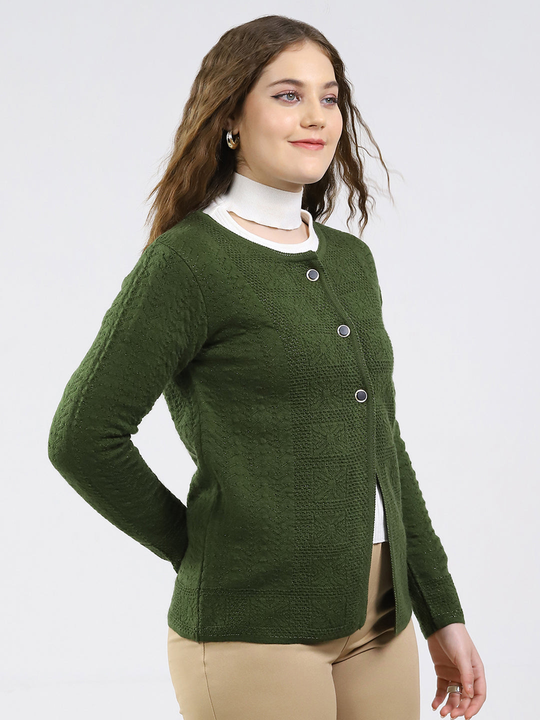 Women Green Self Design Round Neck Full Sleeve Cardigan