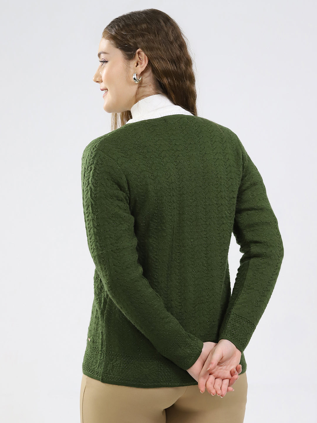 Women Green Self Design Round Neck Full Sleeve Cardigan