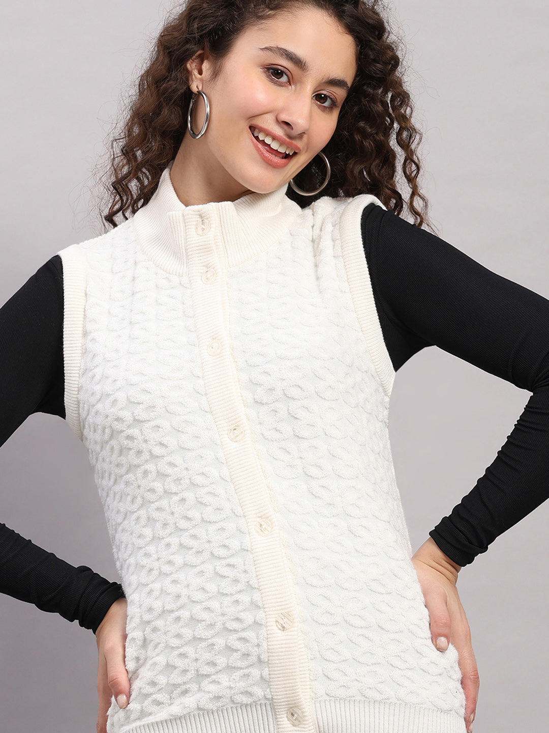 Women White Self Design V Neck Sleeveless Cardigan