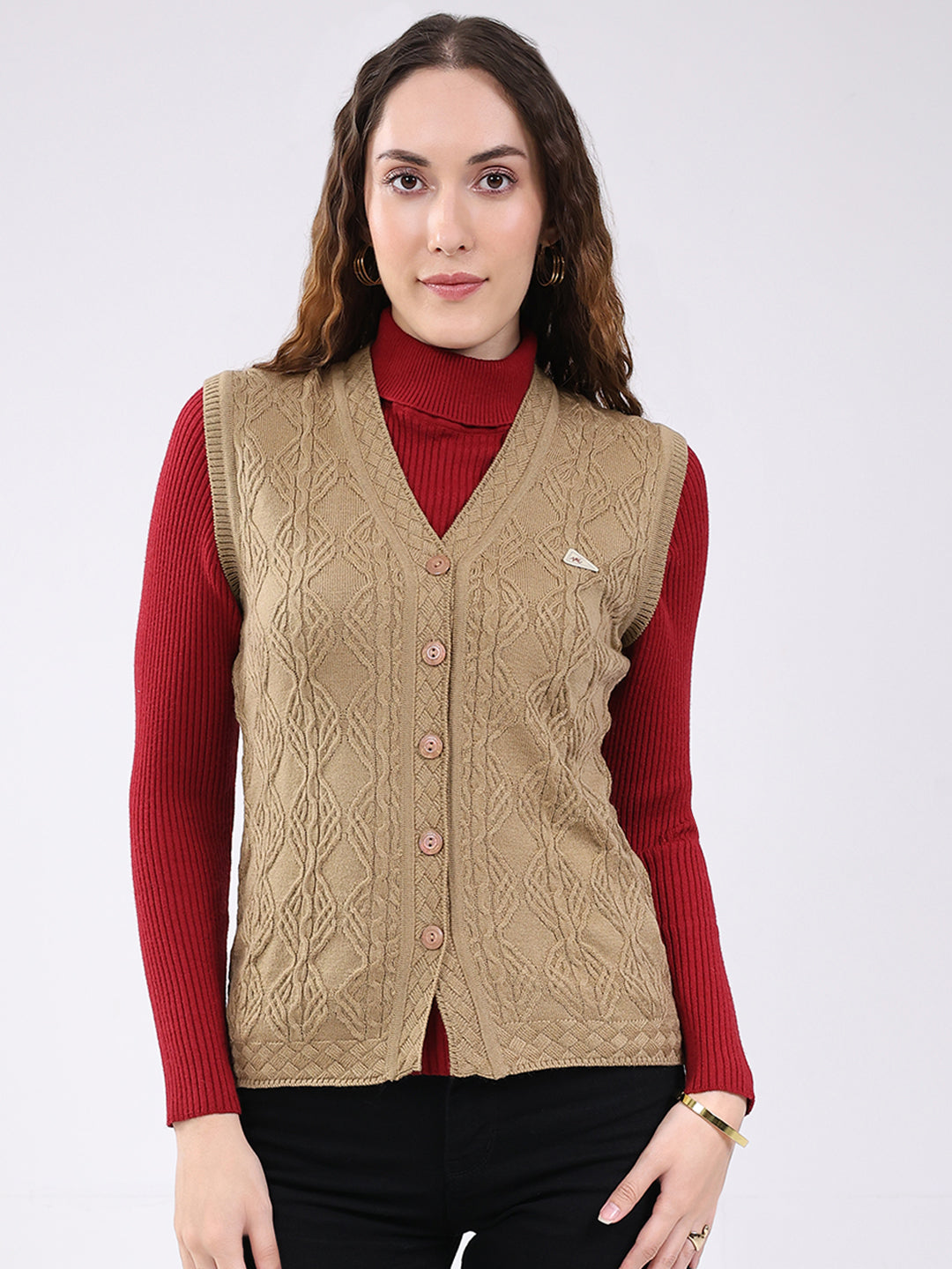 Women Camel Brown Self Design V Neck Sleeveless Cardigan