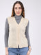 Women Beige Self Design V Neck Sleeveless Cardigan