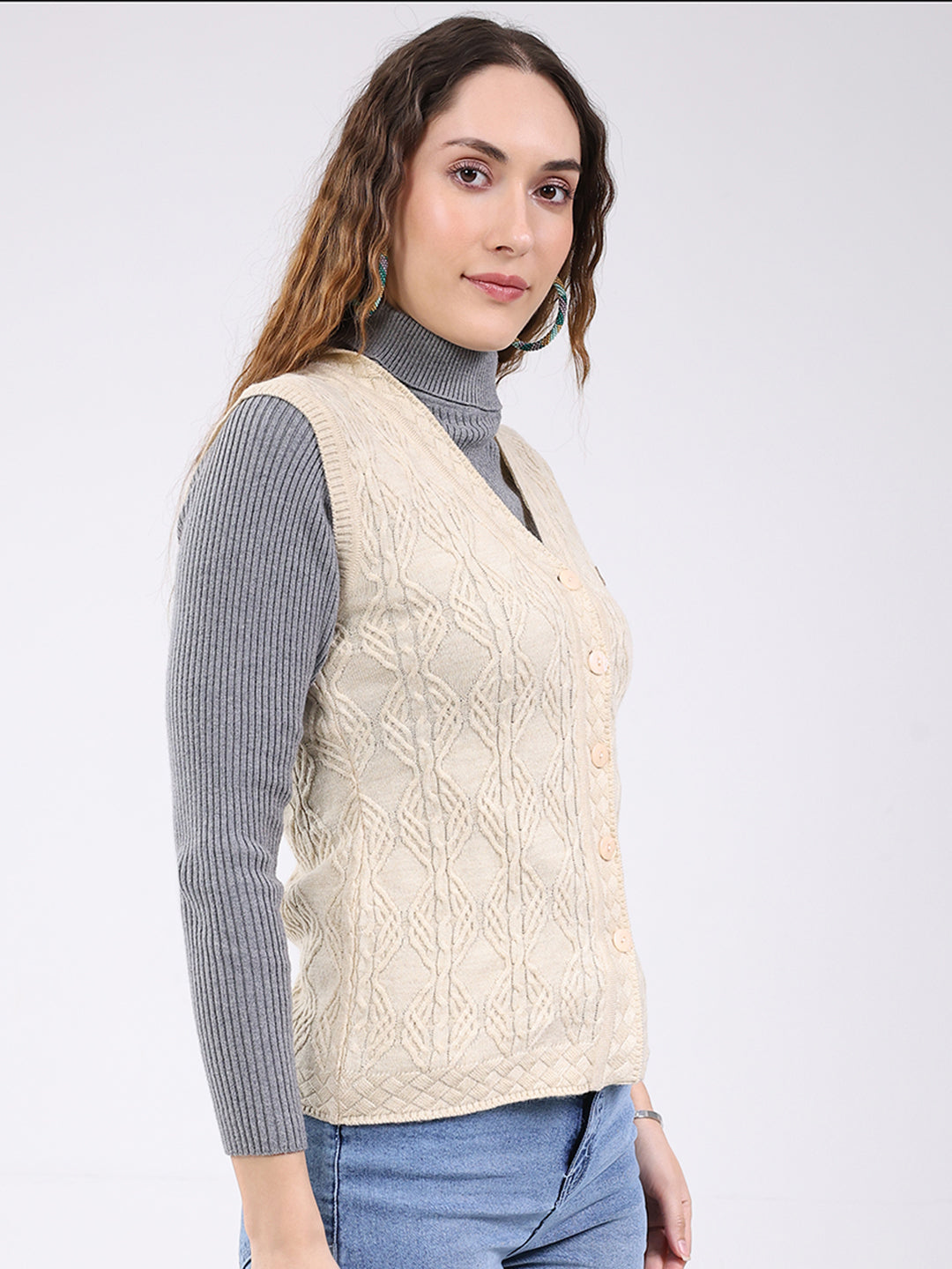 Women Beige Self Design V Neck Sleeveless Cardigan