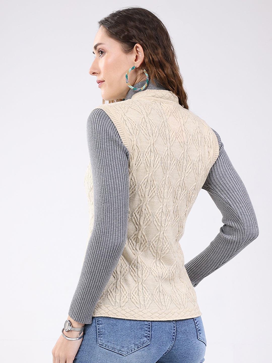 Women Beige Self Design V Neck Sleeveless Cardigan