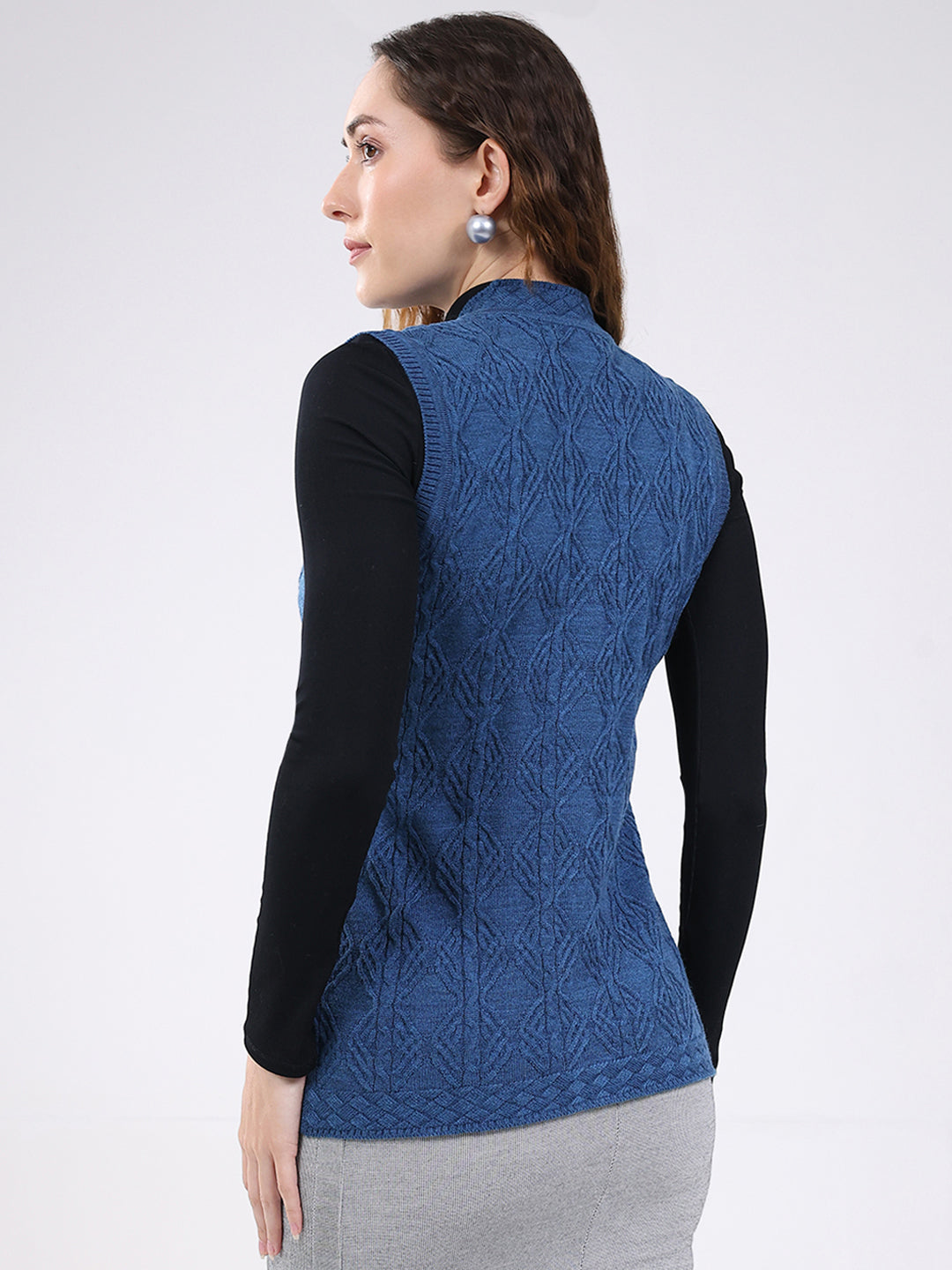 Women Blue Self Design V Neck Sleeveless Cardigan