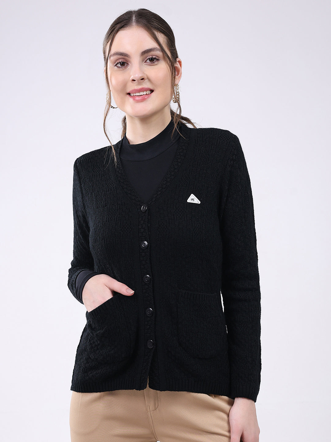 Women Black Self Design V Neck Full Sleeve Cardigan