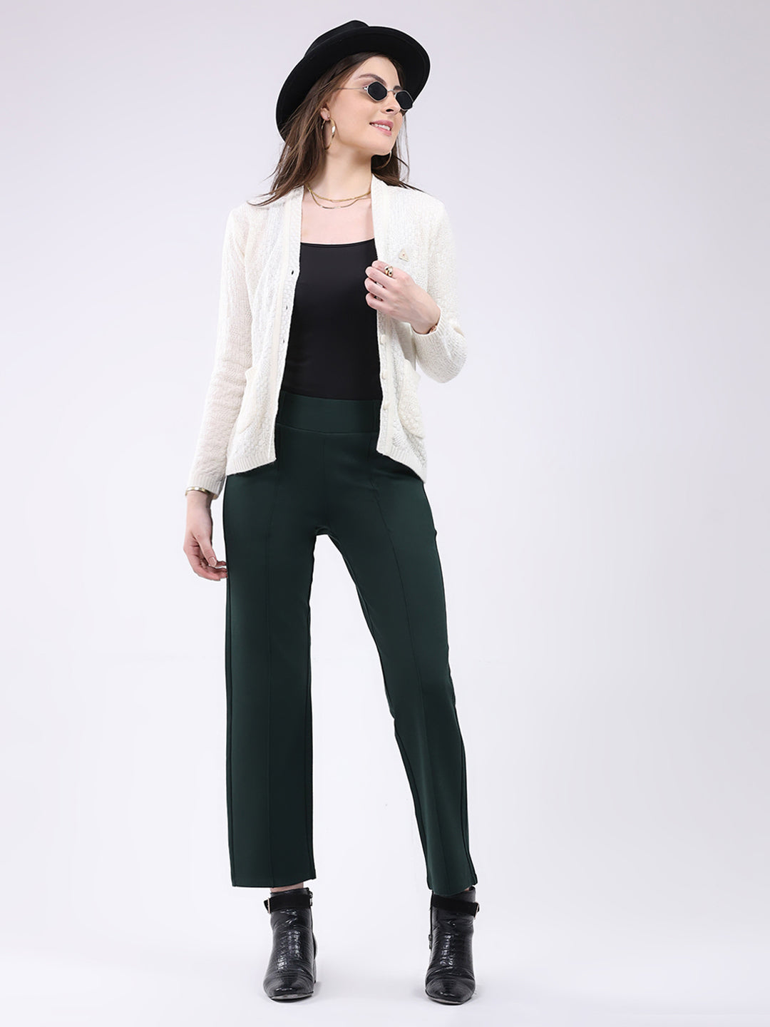 Women Off White Self Design V Neck Full Sleeve Cardigan