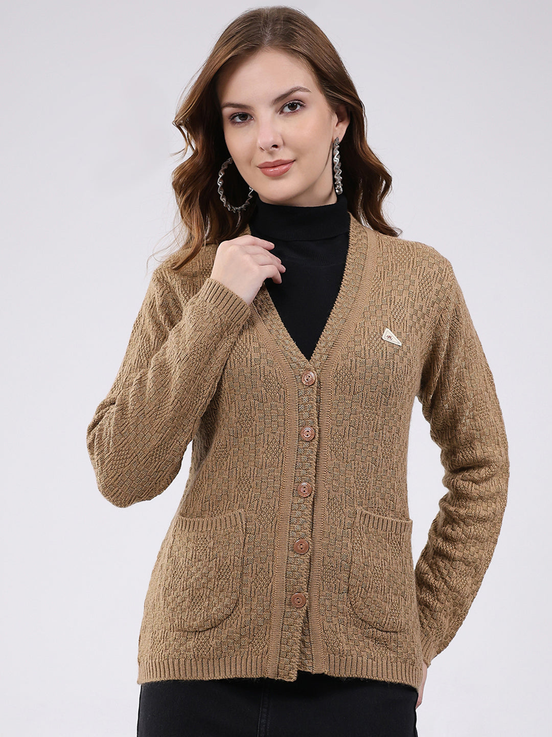 Women Camel Brown Self Design V Neck Full Sleeve Cardigan