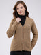 Women Camel Brown Self Design V Neck Full Sleeve Cardigan