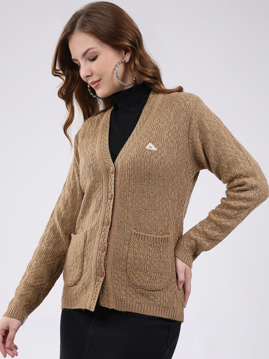 Women Camel Brown Self Design V Neck Full Sleeve Cardigan