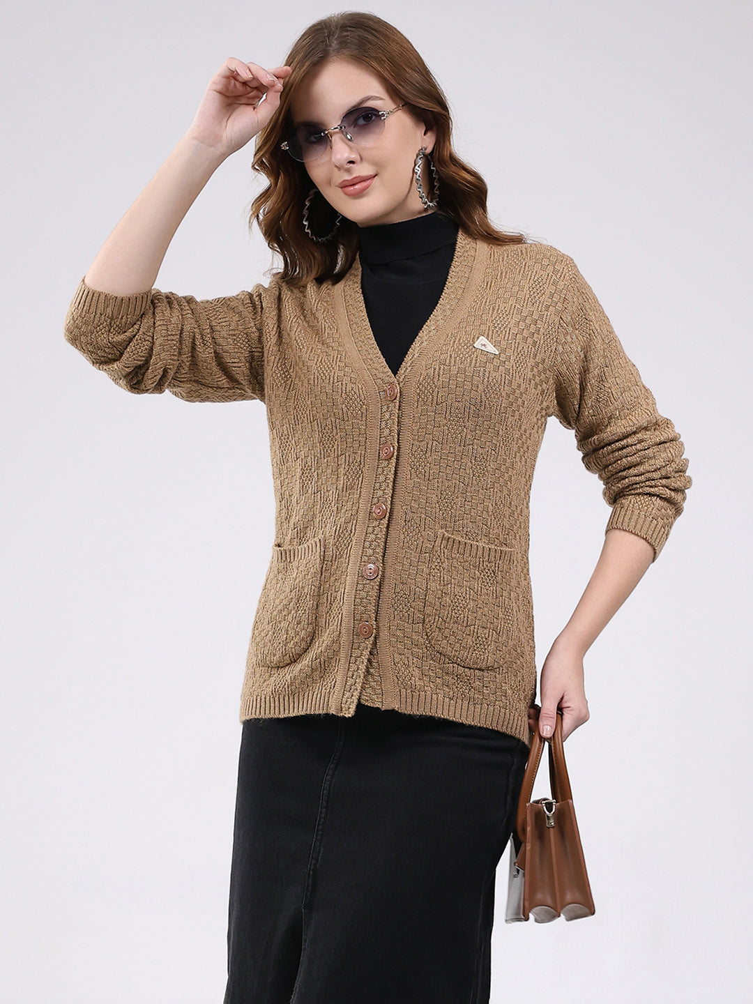 Women Camel Brown Self Design V Neck Full Sleeve Cardigan