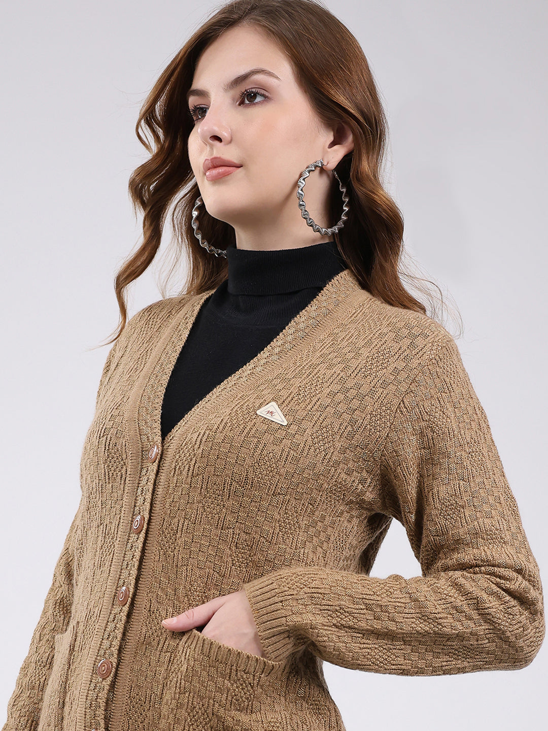 Women Camel Brown Self Design V Neck Full Sleeve Cardigan