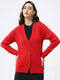 Women Red Solid V Neck Full Sleeve Cardigan