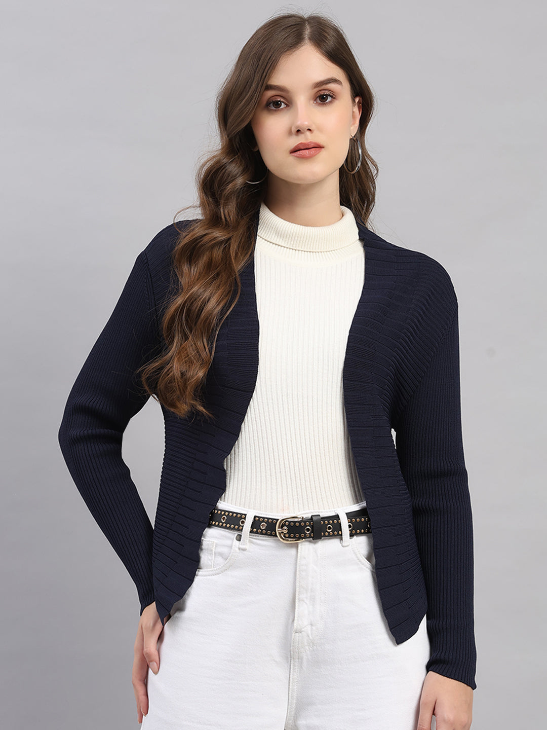 Women Navy Blue Self Design V Neck Full Sleeve Cardigan