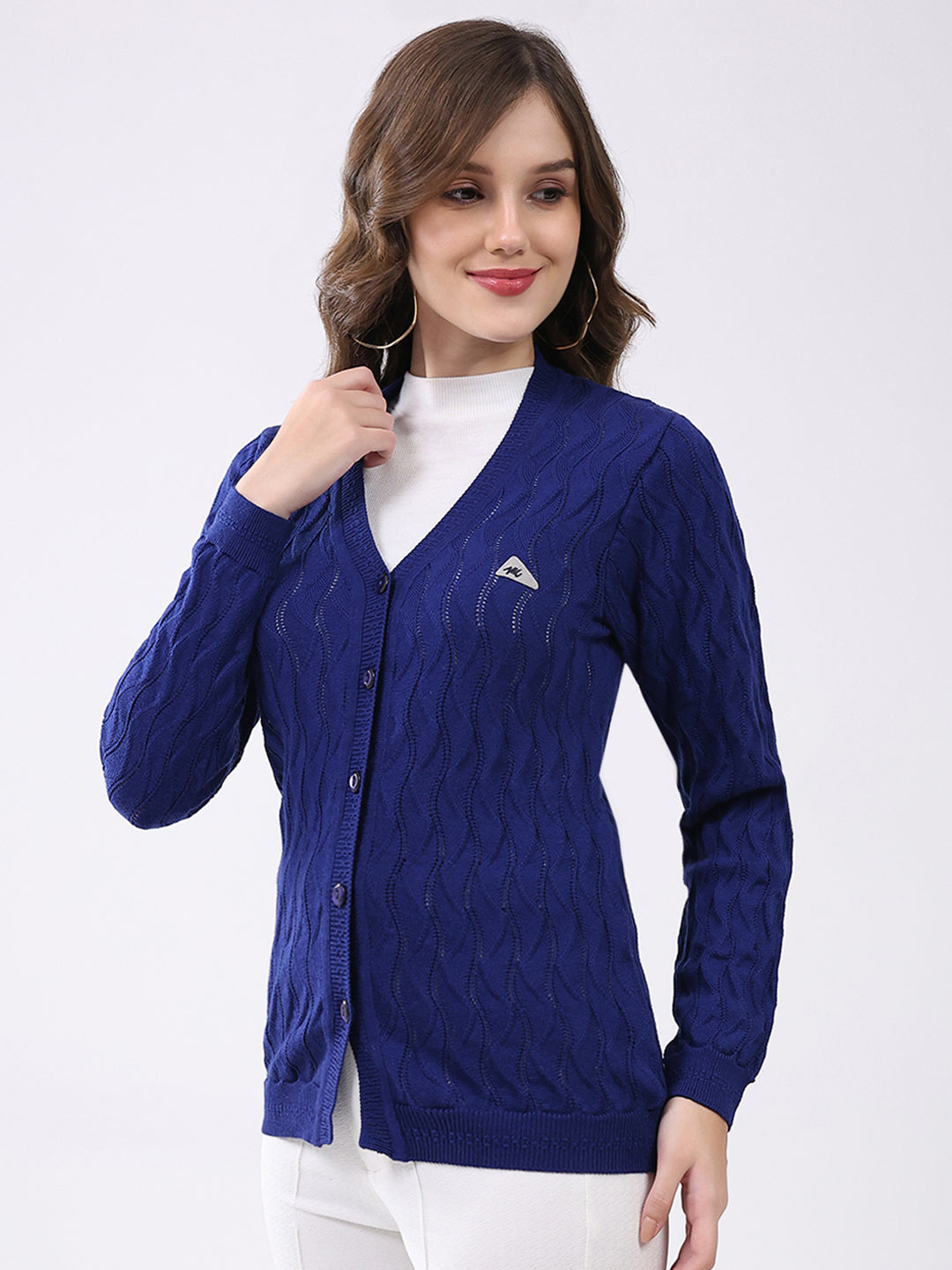 Women Blue Self Design V Neck Full Sleeve Cardigan
