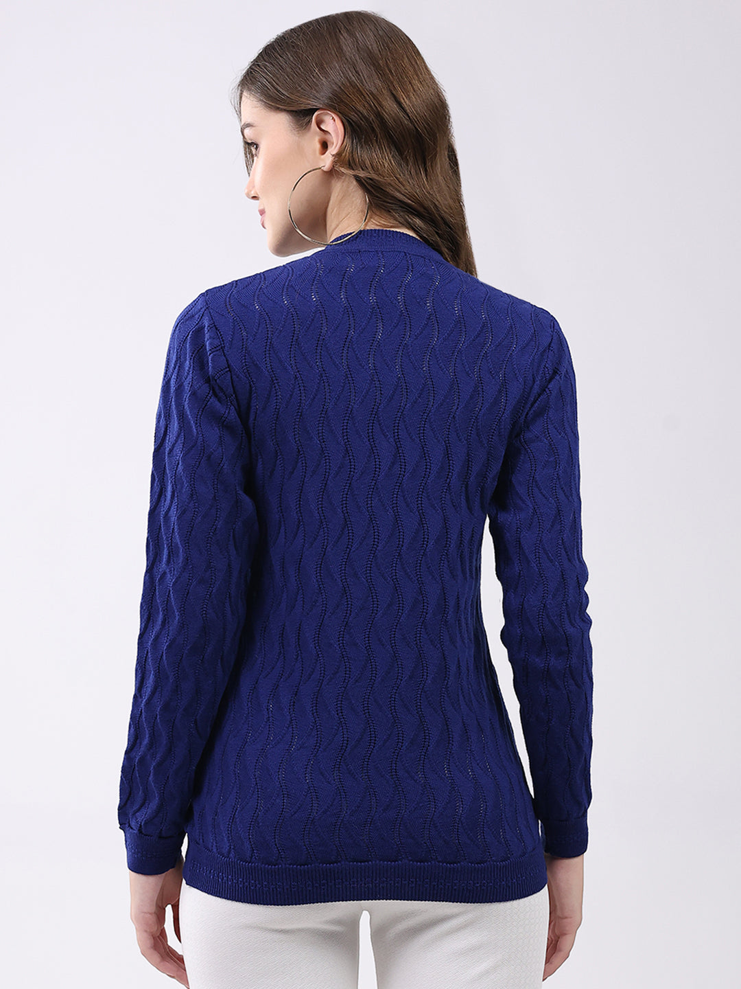 Women Blue Self Design V Neck Full Sleeve Cardigan
