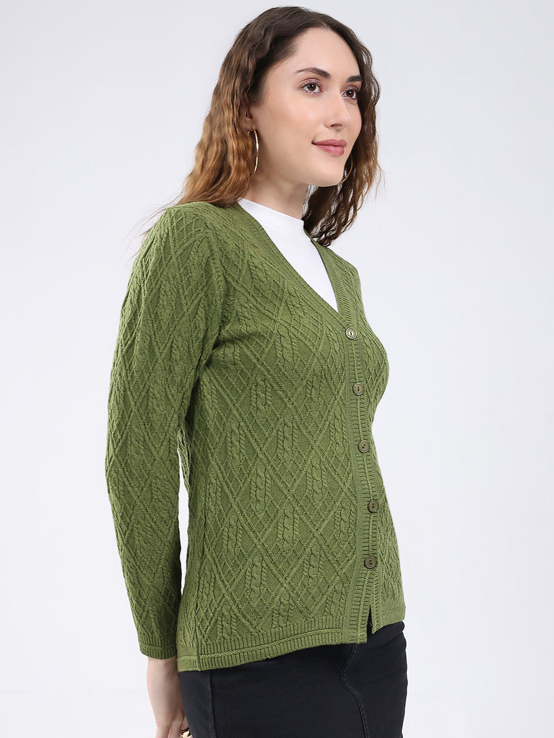 Women Green Self Design V Neck Full Sleeve Cardigan