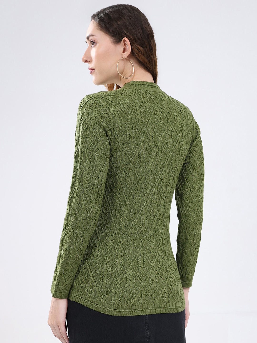 Women Green Self Design V Neck Full Sleeve Cardigan