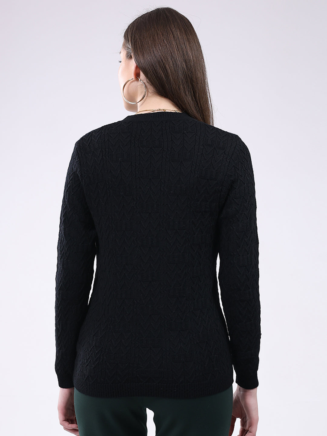 Women Black Self Design V Neck Full Sleeve Cardigan