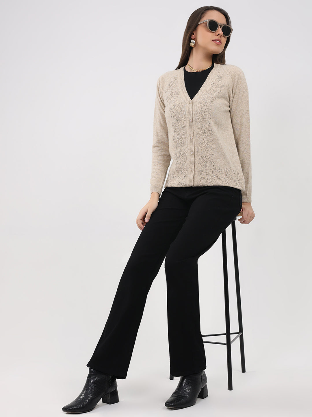 Women Beige Self Design V Neck Full Sleeve Cardigan