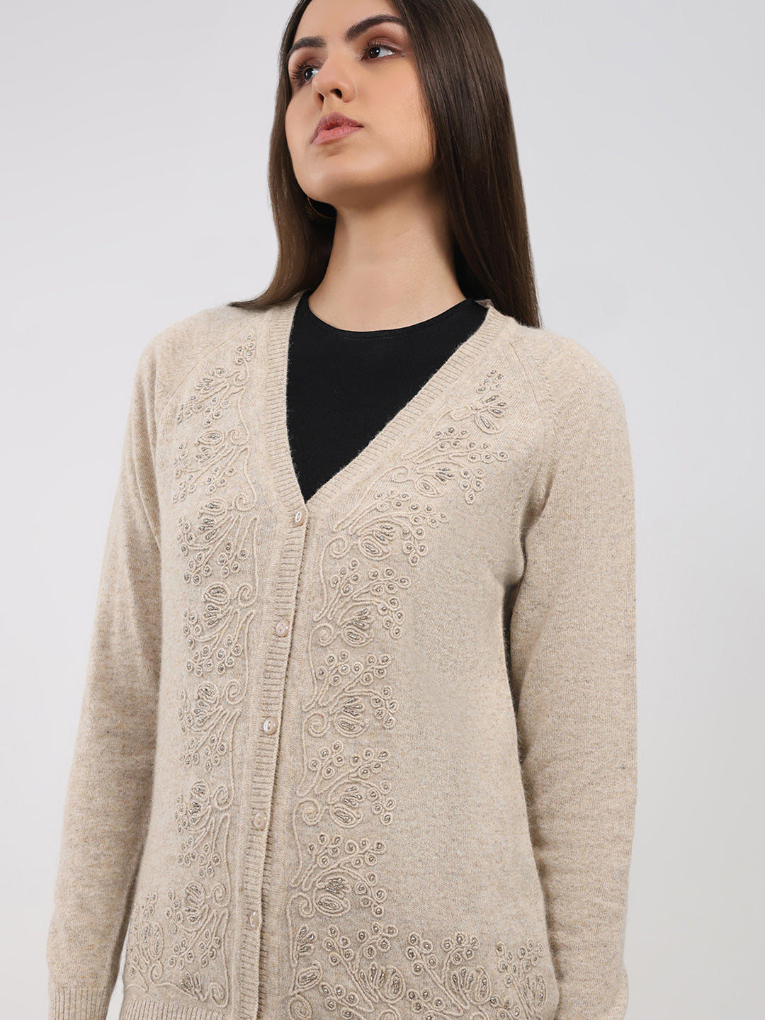 Women Beige Self Design V Neck Full Sleeve Cardigan
