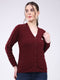 Women Maroon Self Design V Neck Full Sleeve Cardigan