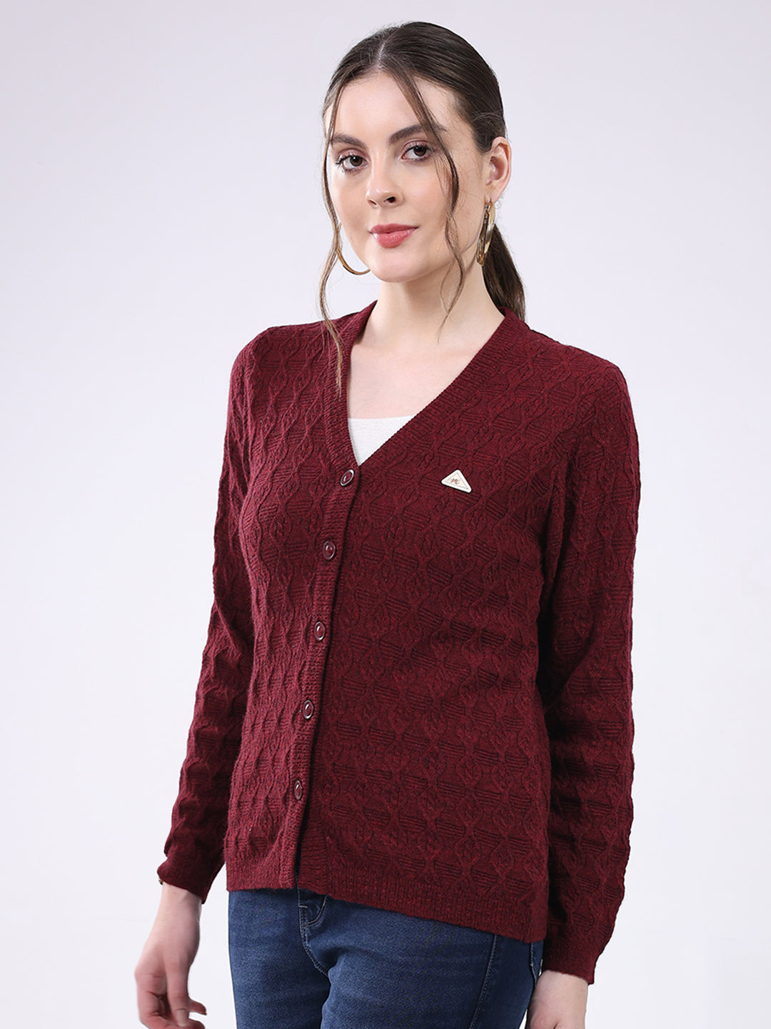 Women Maroon Self Design V Neck Full Sleeve Cardigan
