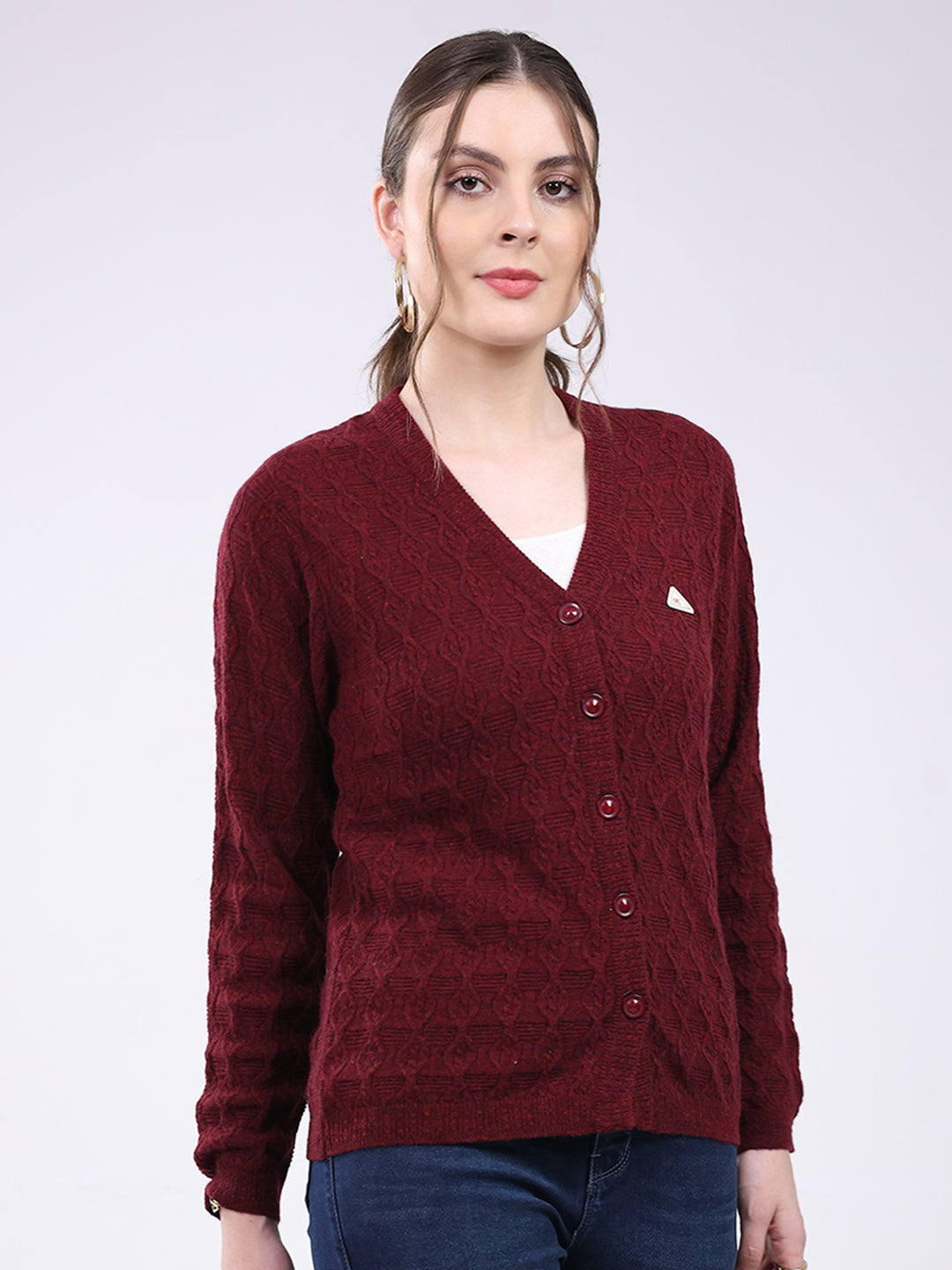 Women Maroon Self Design V Neck Full Sleeve Cardigan