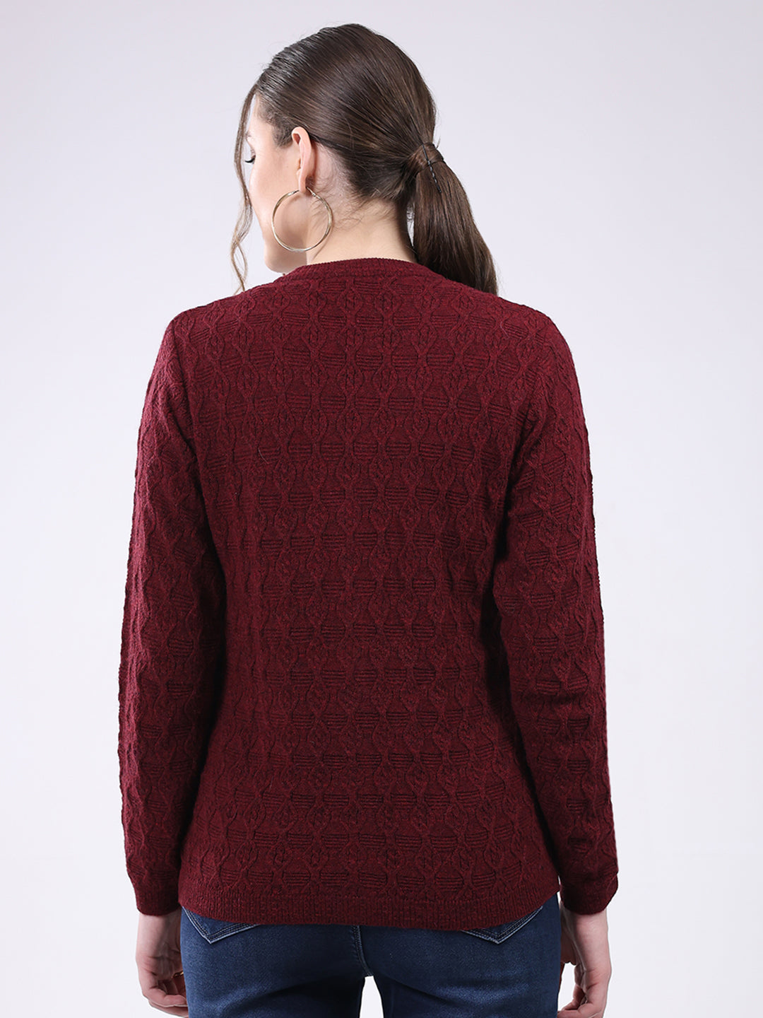 Women Maroon Self Design V Neck Full Sleeve Cardigan