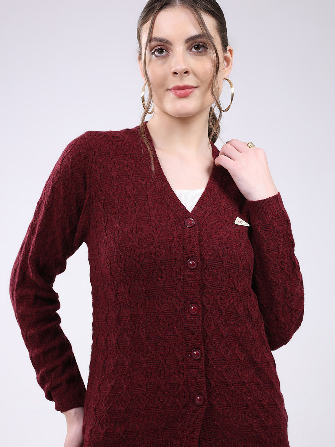 Women Maroon Self Design V Neck Full Sleeve Cardigan