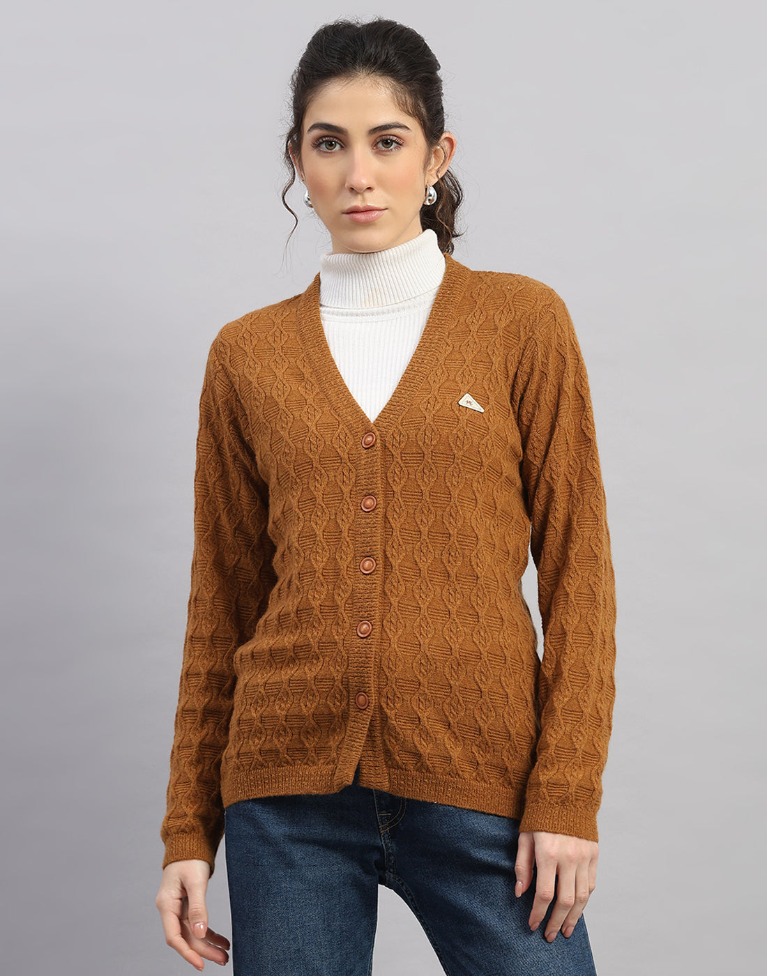 Women Rust Self Design V Neck Full Sleeve Cardigan