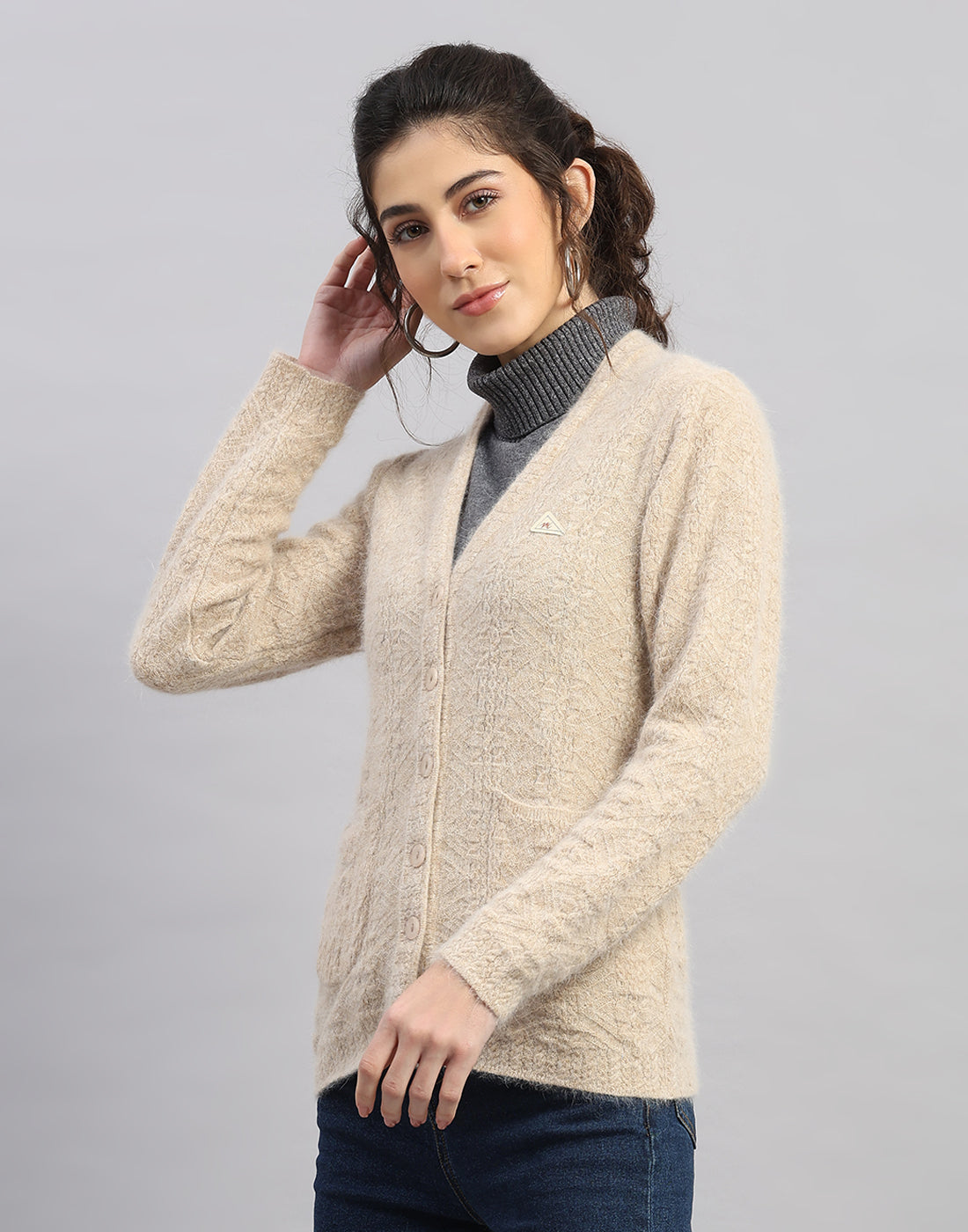 Women Brown Self Design V Neck Full Sleeve Cardigan