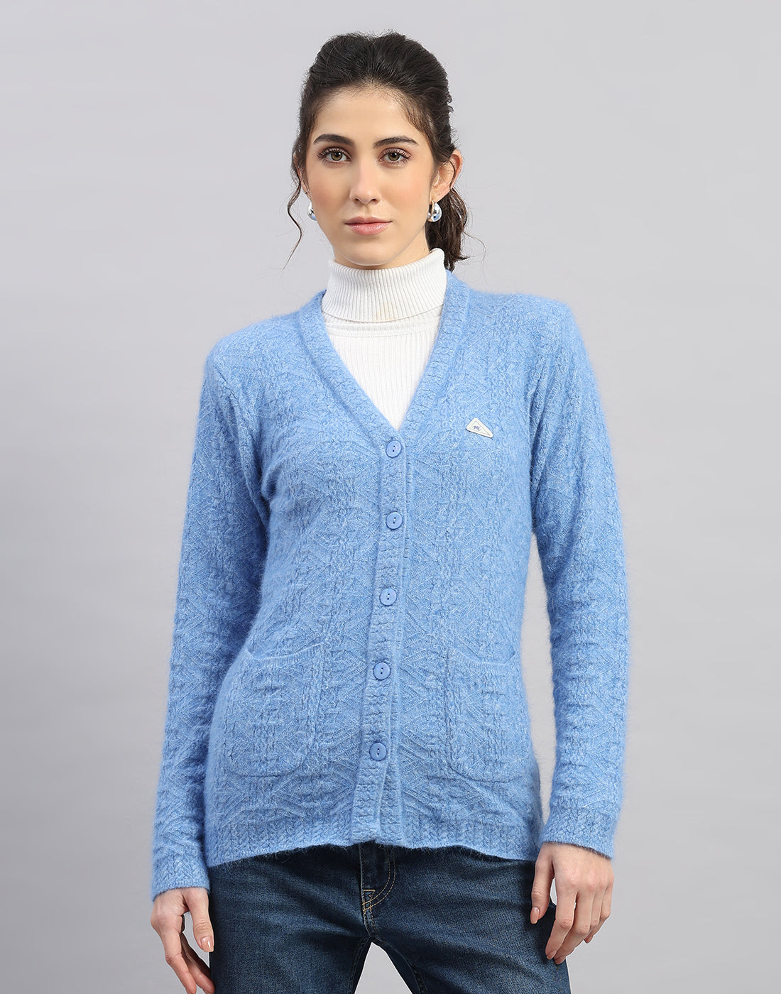 Women Light Blue Self Design V Neck Full Sleeve Cardigan