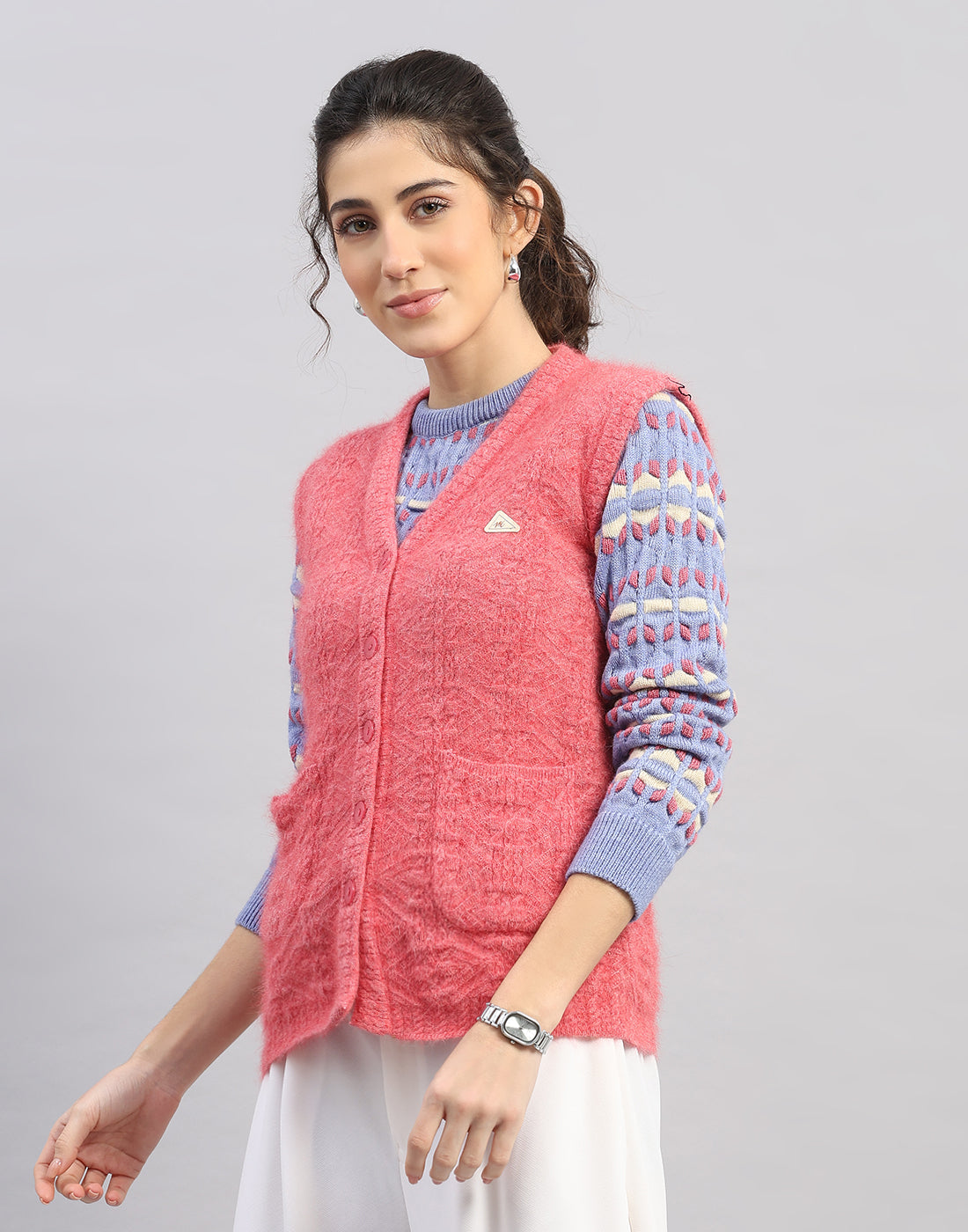 Women Pink Self Design V Neck Sleeveless Cardigan