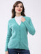 Women Aqua Blue Self Design V Neck Full Sleeve Cardigan