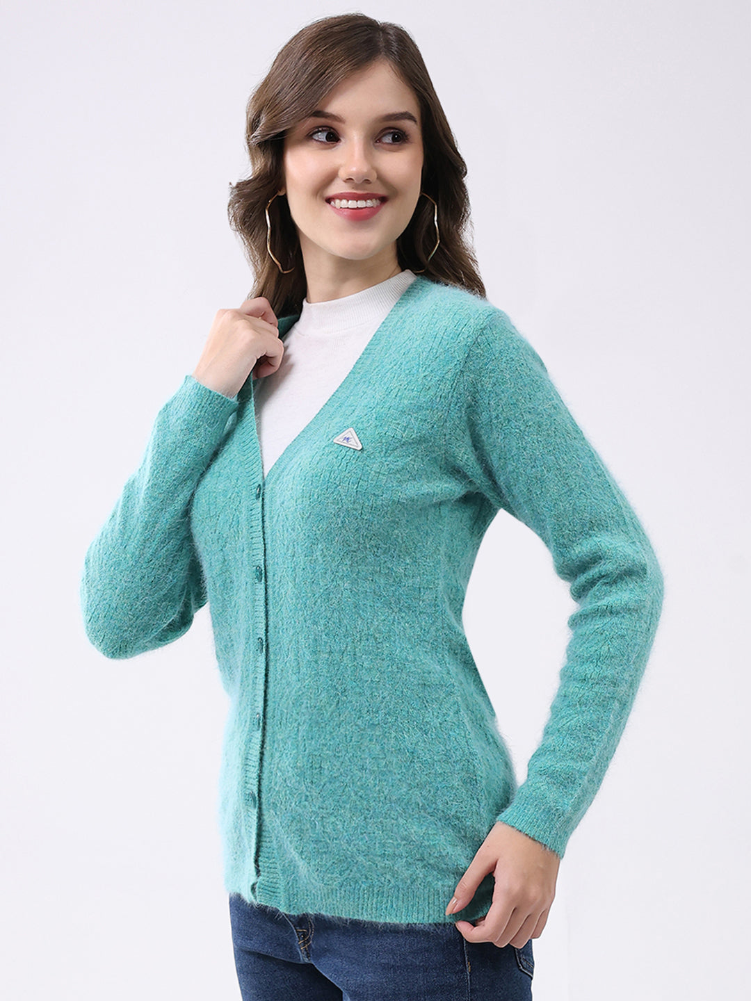 Women Aqua Blue Self Design V Neck Full Sleeve Cardigan