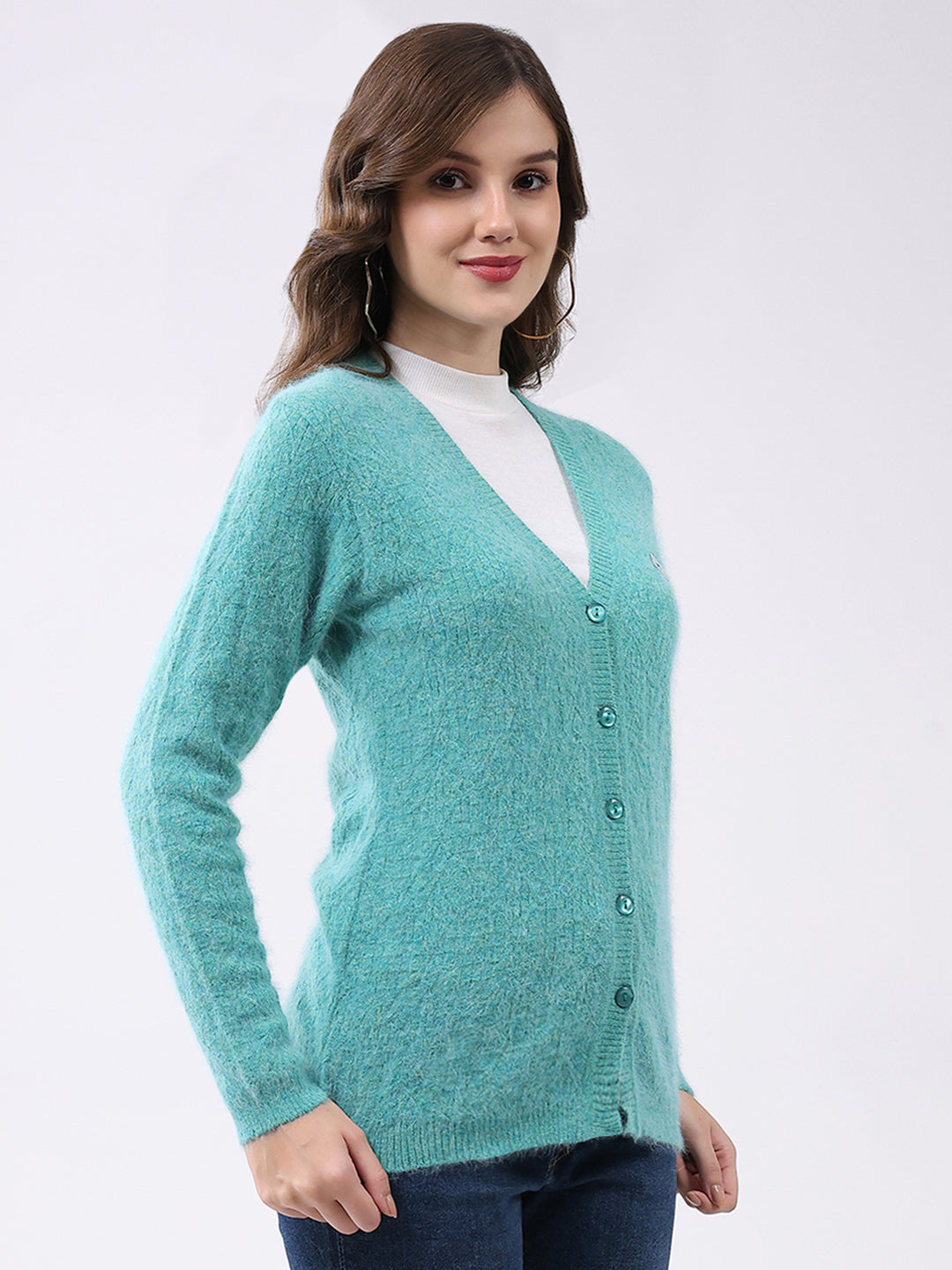 Women Aqua Blue Self Design V Neck Full Sleeve Cardigan
