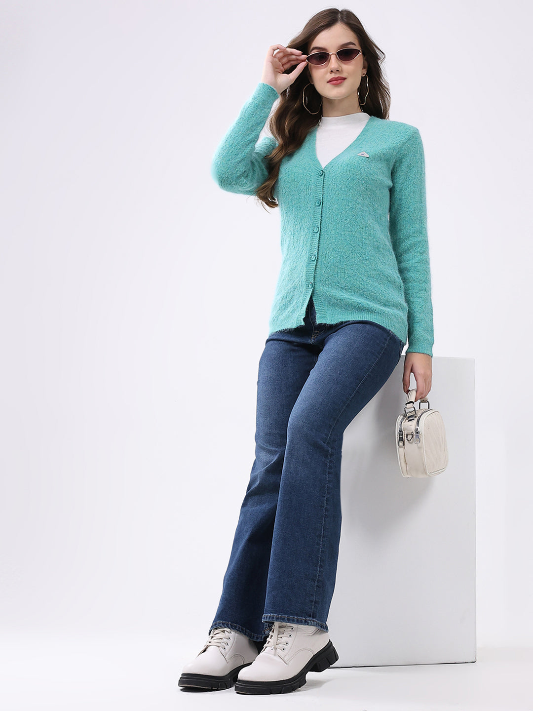 Women Aqua Blue Self Design V Neck Full Sleeve Cardigan