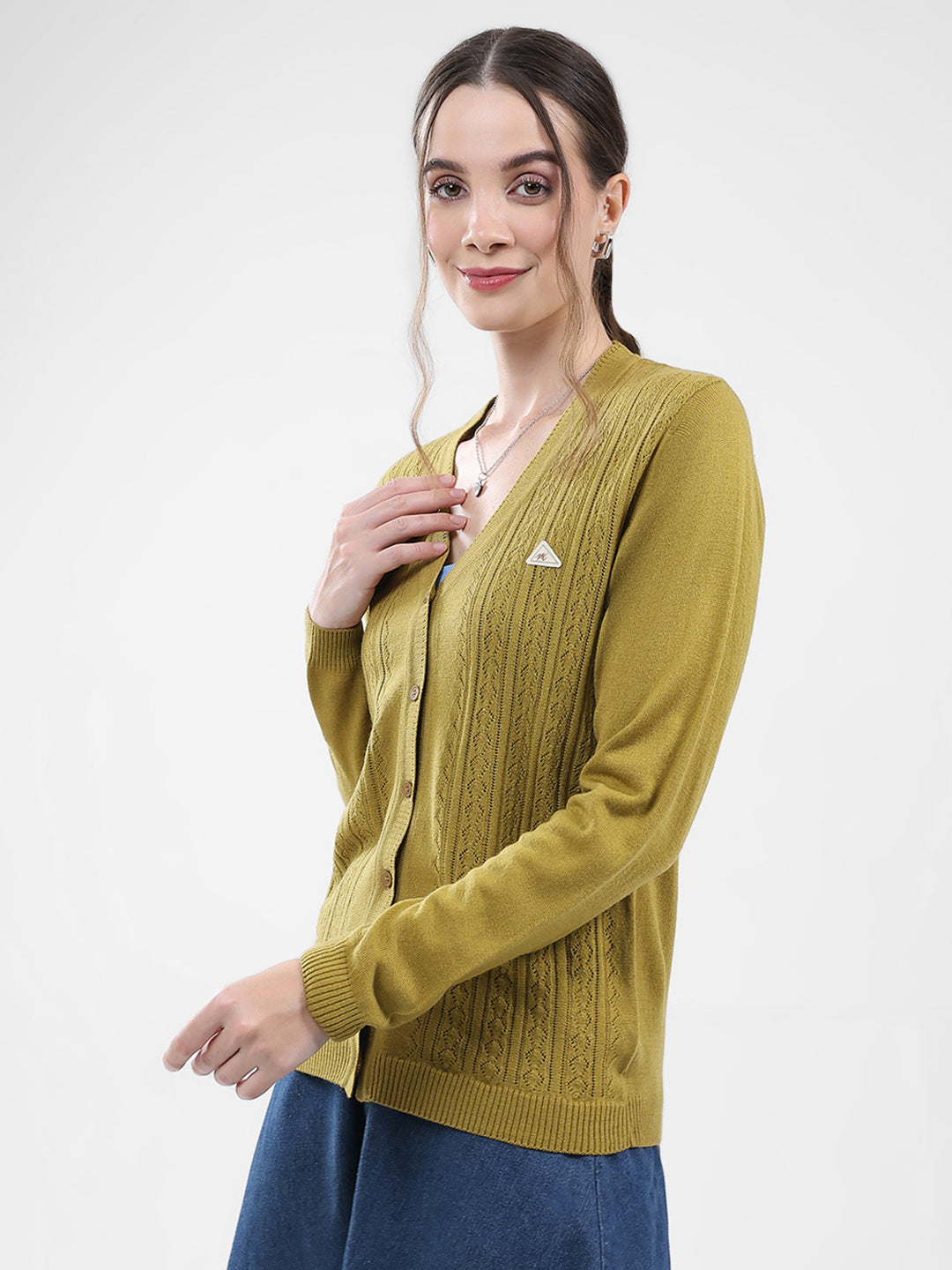 Women Green Self Design V Neck Full Sleeve Cardigan