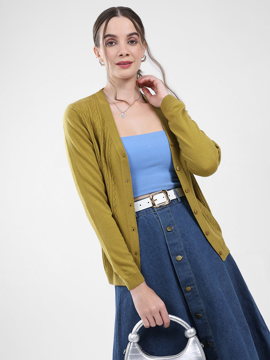 Women Green Self Design V Neck Full Sleeve Cardigan