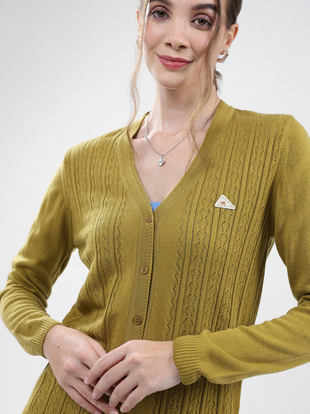 Women Green Self Design V Neck Full Sleeve Cardigan